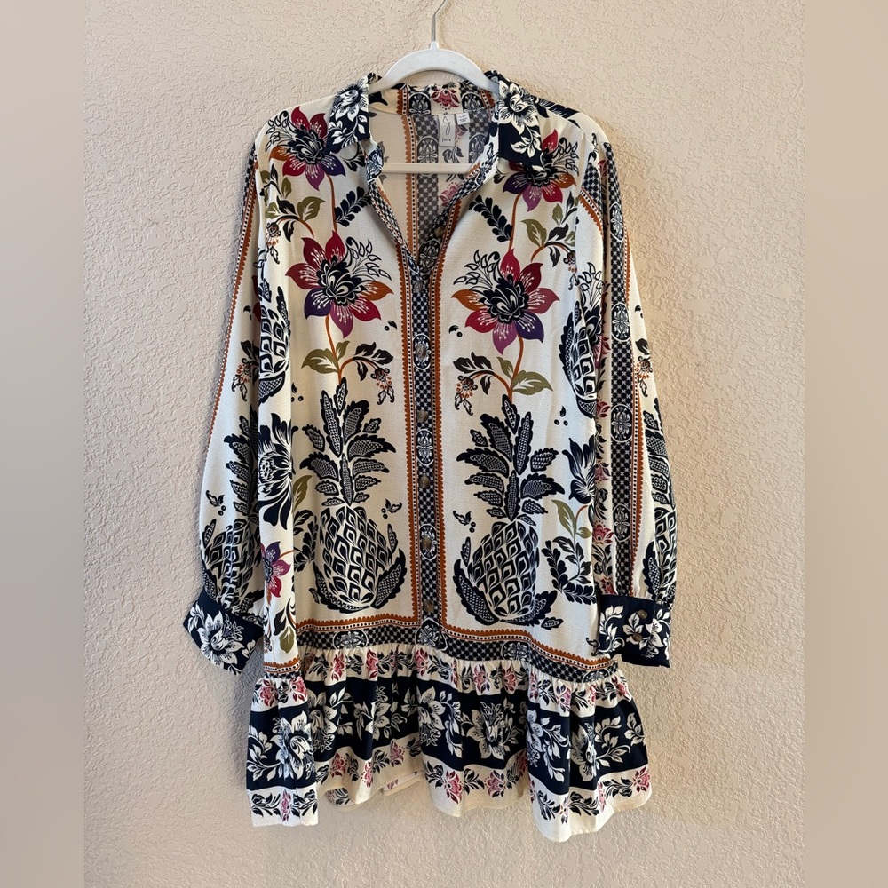 Joie Boho Floral Pineapple Print Ruffle Hem Dress. Size Large